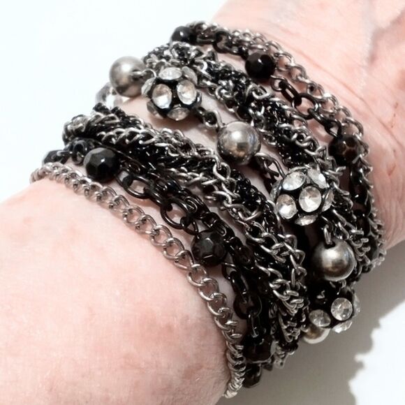 Gunmetal Silver Multi Chain Statement Bracelet Toggle Clasp 7.75" - Picture 5 of 5